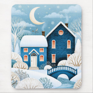 Tapis De Souris Village hivernal de la Lune Cosy Cottage enneigé