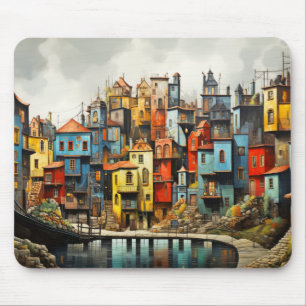 Tapis De Souris Village Paysage Concept Art coloré Abstrait