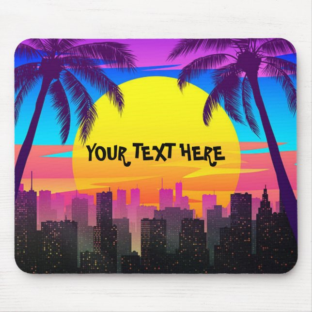 Tapis de souris ville palmiers synthwave rétro per (Devant)