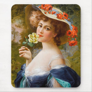 Tapis De Souris Vintage Belle Dame En Bleu, Fleur Rose Jaune