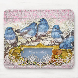 Tapis De Souris Vintage Blue Birds Happiness Home Bureau Ordinateu