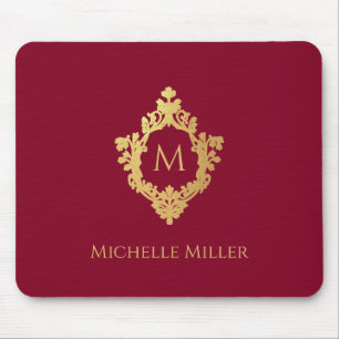 Tapis De Souris Vintage Crest Bourgogne Faux Or Élégant Monogramme