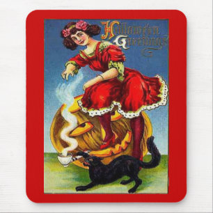 Tapis De Souris Vintage dame d'Halloween en rouge