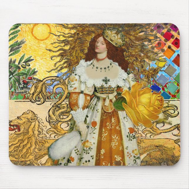 Tapis De Souris Vintage femme Soleil d'or : Leo Zodiac Collage Art (Devant)