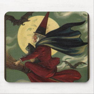 Tapis De Souris Vintage Halloween sorcière Broomstick avec chat