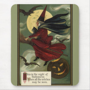 Tapis De Souris Vintage Halloween sorcière Broomstick avec chat
