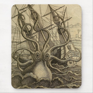 Tapis De Souris Vintage Kraken Giant Squid Sea Monster Ship