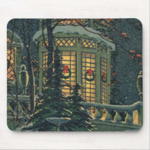 Tapis De Souris Vintage Noël, Maison avec des couronnes dans Windo