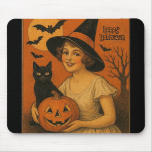 Tapis De Souris Vintage/rétro Happy Halloween sorcière, chat, citr