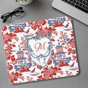 Tapis De Souris Vintage Rouge Bleu Français Chinoiserie Monogramme