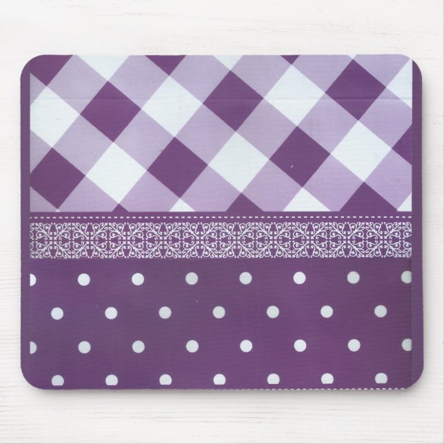 Tapis De Souris Violet blanc À damiers Polka Dot Floral Damask Art (Devant)