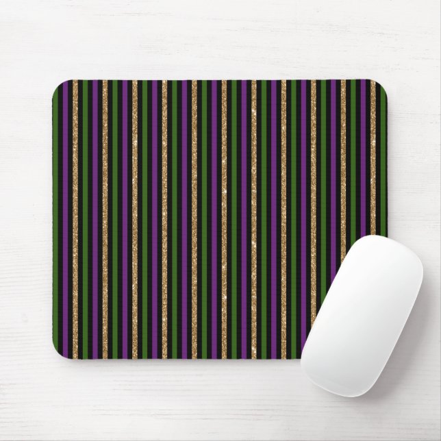 Tapis De Souris Violet, Vert, Noir, Faux Gold Stripes Mardi Gras (Avec souris)