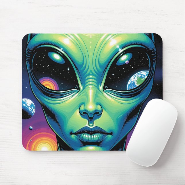 Tapis De Souris Visage Alien avec des planètes Réflexions dans les (Avec souris)