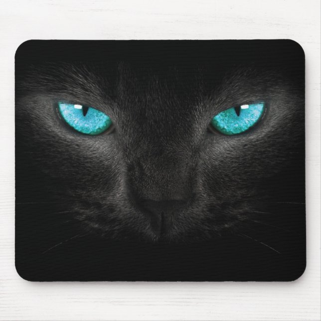 Tapis De Souris Visage de chat noir avec des yeux de turquoise (Devant)