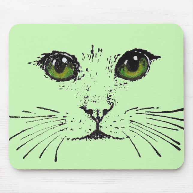 Tapis De Souris Visage de dessin noir visage de chat vert Yellow y (Devant)