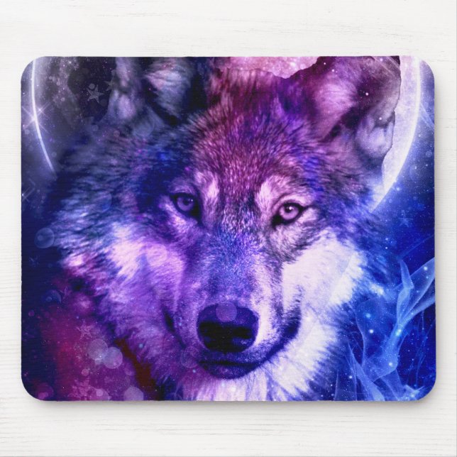 Tapis De Souris Visage de loup de Galaxie mystique avec Pleine lun (Devant)