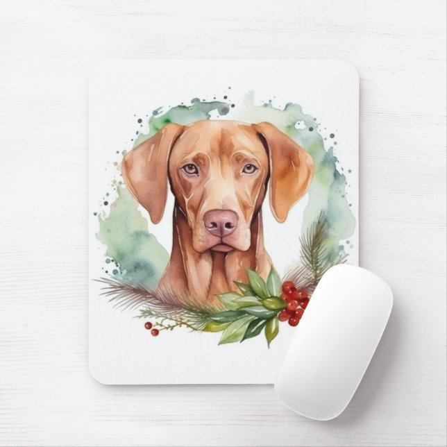 Tapis De Souris Vizsla Christmas Wreath Festive Pup (Avec souris)