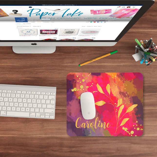 Tapis De Souris Votre nom Gold Splashed Bright Scarlet Abstrait (Créateur téléchargé)