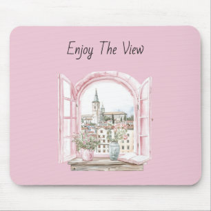 Tapis De Souris Vue de la ville par la fenêtre rose