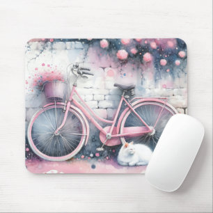 Tapis De Souris Watercolor Chat et Vélo rose