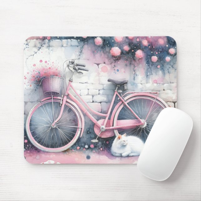 Tapis De Souris Watercolor Chat et Vélo rose (Avec souris)