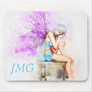 Tapis De Souris Watercolor Fairy in Blue with Monogram