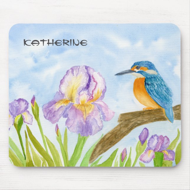Tapis De Souris Watercolor Kingfisher with Purple Irises  (Devant)