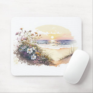 Tapis De Souris Watercolor Ocean Beach avec fleurs