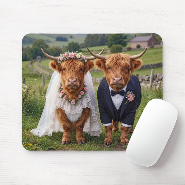 Tapis De Souris Wedding Highland Cows in a Pasture (Avec souris)