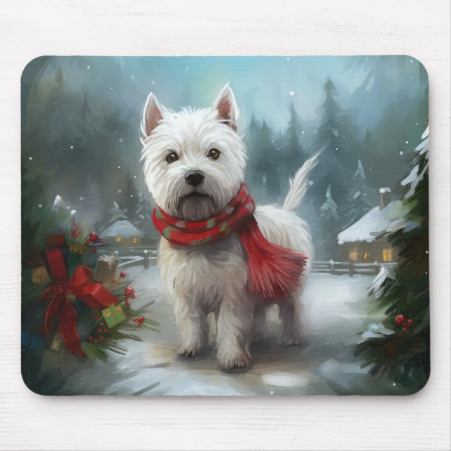 Tapis De Souris West Highland White Terrier Dog dans la neige Noël (Devant)