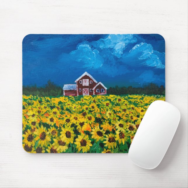 Tapis De Souris western country red barn summer sunflower field (Avec souris)