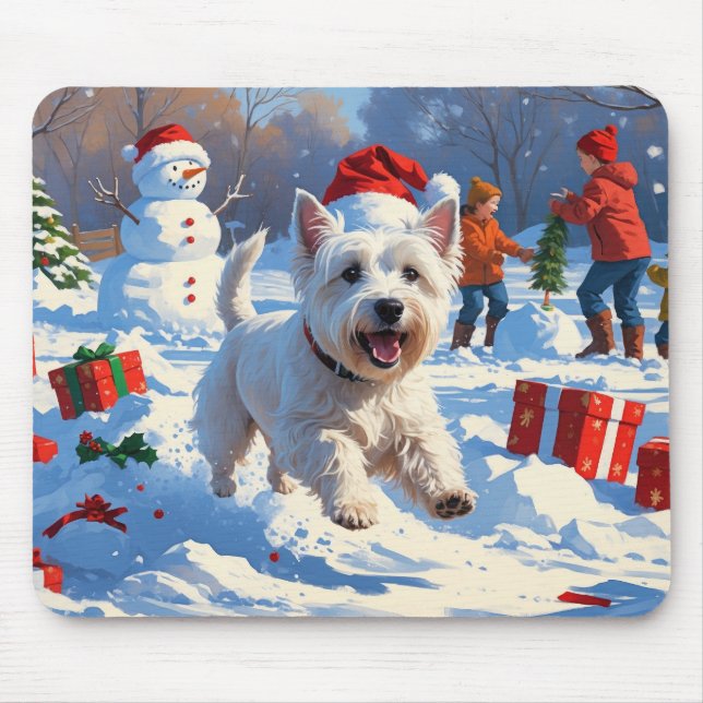 Tapis De Souris Westie coule en neige avec le Casquette de Noël (Devant)