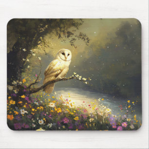 Tapis De Souris Whimsical Snowy White Owen Art Fleur sauvage