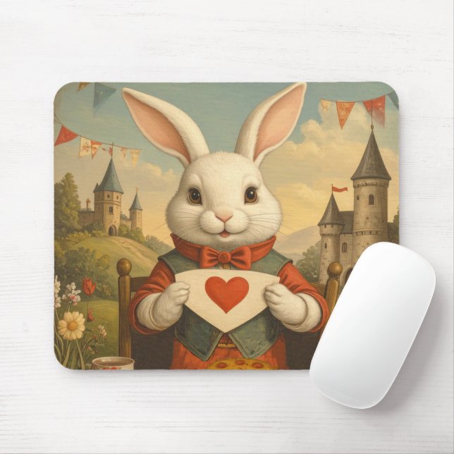 Tapis De Souris Whimsical White Rabbit Hearts Enchanted Wonderland (Avec souris)