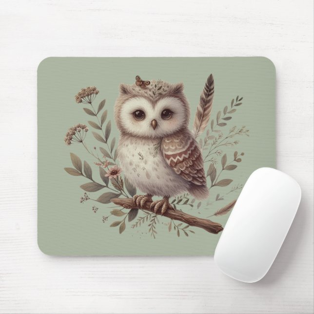 Tapis De Souris Whimsical Woodland Owl Botanical Illustration (Avec souris)