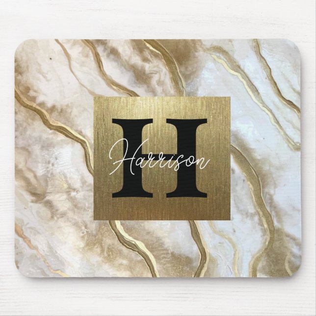 Tapis De Souris White and Gold Marble Monogram Name Personalized   (Devant)