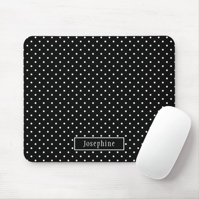 Tapis De Souris White On Black Polka Dots Pattern With Custom Name (Avec souris)
