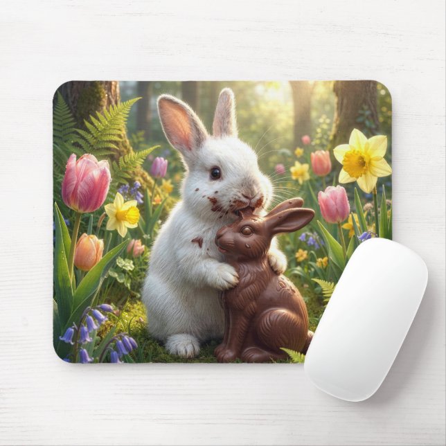 Tapis De Souris White Rabbit Licking a Chocolate Easter Bunny (Avec souris)