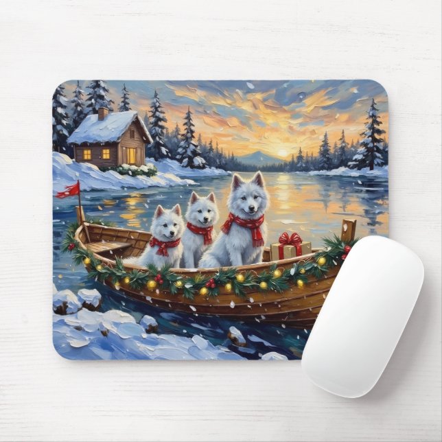 Tapis De Souris White Samoyed Christmas Boat Holiday (Avec souris)