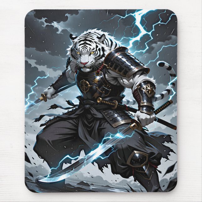 Tapis De Souris White Tiger Samurai Warrior Blue Lightning Gaming (Devant)
