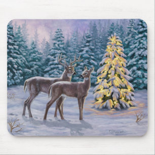 Tapis De Souris Whitetail Deer & Christmas Tree Scene hivernale