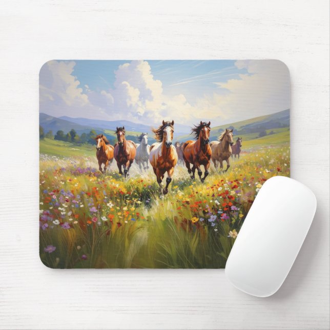 Tapis De Souris Wild Horses Running in a Wildflower Meadow (Avec souris)