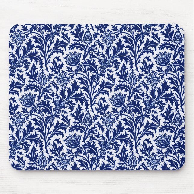 Tapis De Souris William Morris Thistle Damask, Cobalt Bleu & Blanc (Devant)