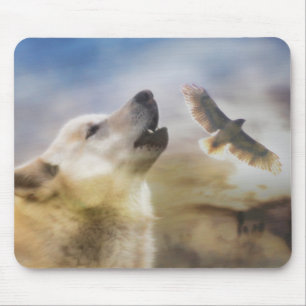 Tapis De Souris "Wind Talker" Loup et faucon rouge Mousepad