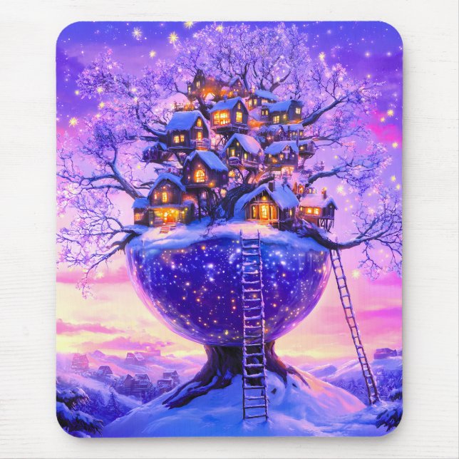 Tapis De Souris Winter Fantasy Snowy Tree Village Landscape (Devant)
