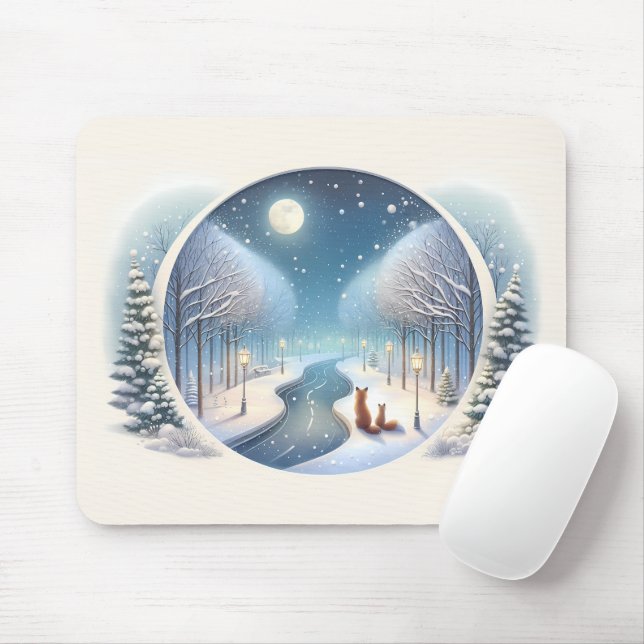 Tapis De Souris Winter Foxes by Moonlit Snowy River (Avec souris)