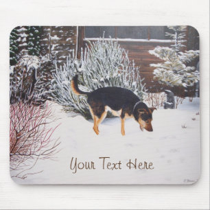 Tapis De Souris Winter snow scene with cute black and tan dog