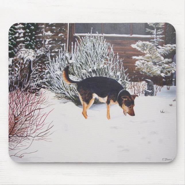 Tapis De Souris Winter snow scene with cute black and tan dog (Devant)