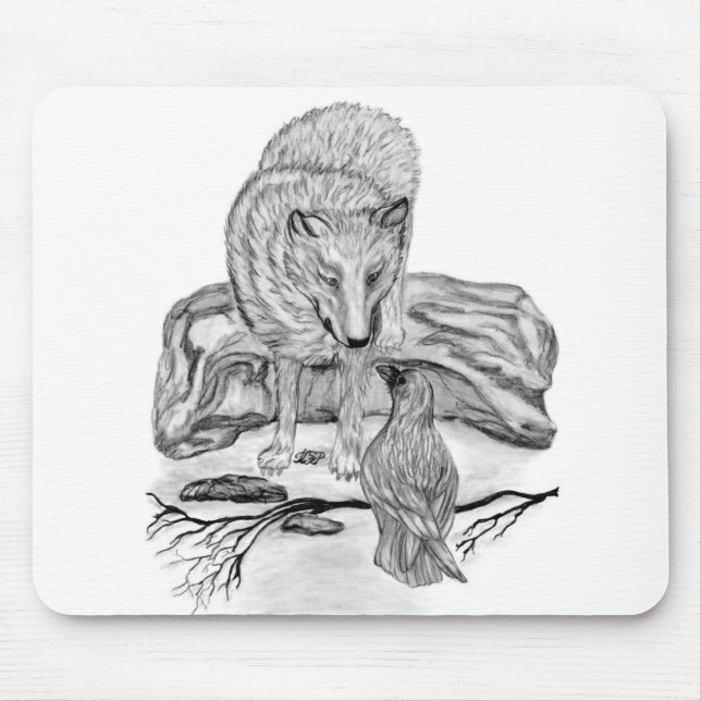 Tapis De Souris Wolf and Raven black and white design (Devant)