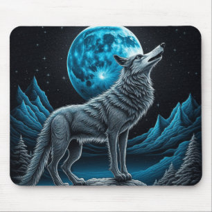 Tapis De Souris Wolf debout devant la Pleine lune   Art AI